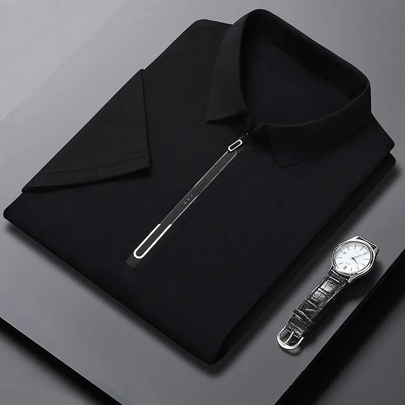 New Men's Business Casual Zipper Short Sleeve Solid Color Polo Shirt Fashionable Warm Comfortable Four Seasons Versatile Top