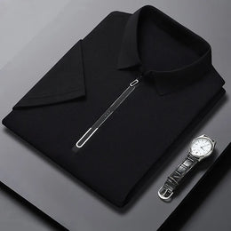New Men's Business Casual Zipper Short Sleeve Solid Color Polo Shirt Fashionable Warm Comfortable Four Seasons Versatile Top