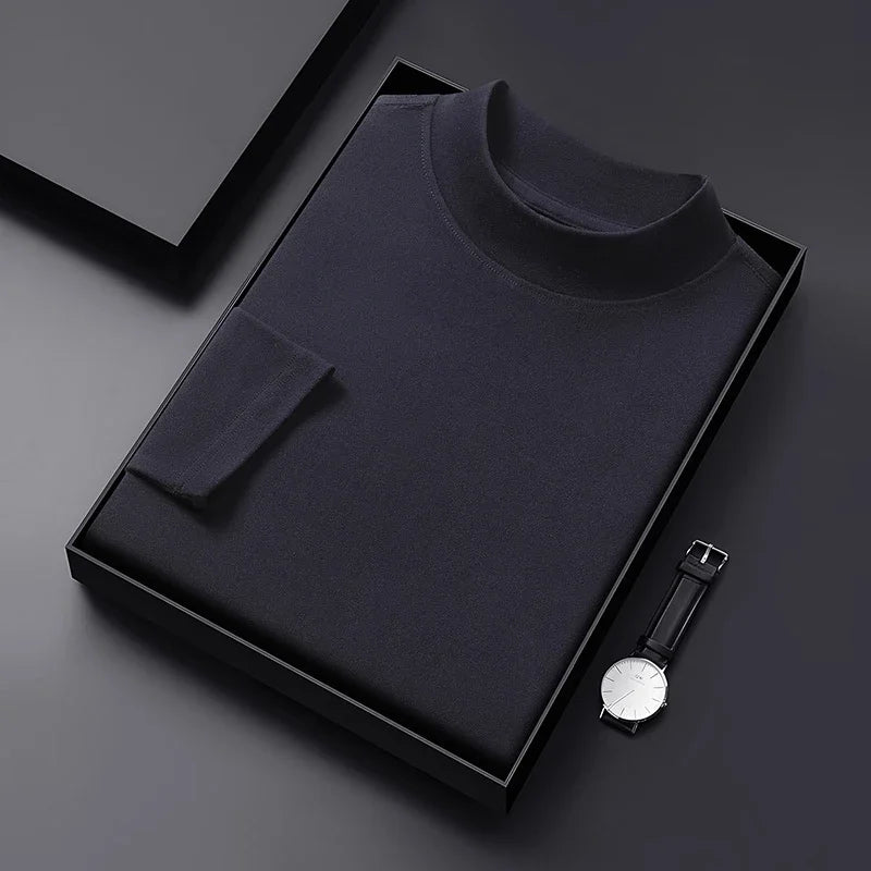 2026 New Men's Casual Solid Color High Collar Velvet Long Sleeve T-shirt Spring and Autumn Versatile Comfortable Top