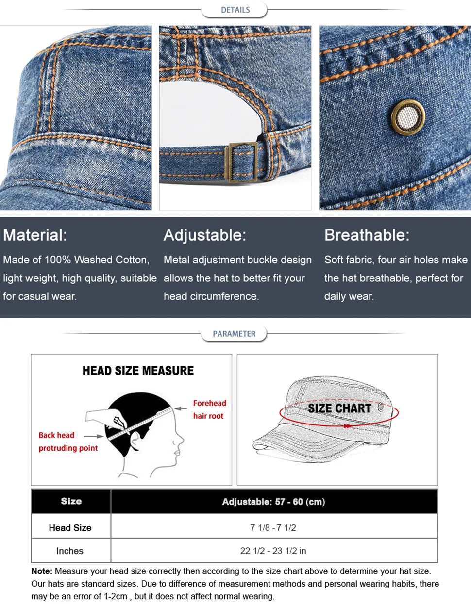 VOBOOM Washed Cotton Military Cadet Army Caps for Men Unique Design Adjustable Vintage Flat Top Hats with Air Hole