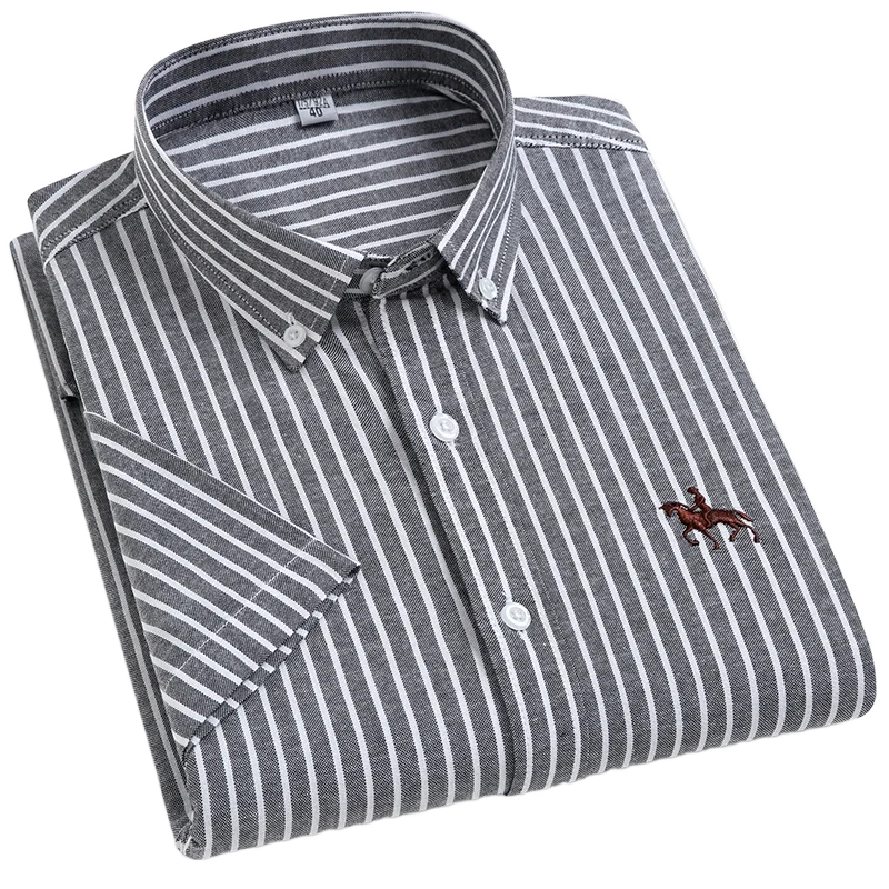 100% Cotton Oxford Shirt Men's Summer short sleeved Sleeve Embroidered Horse Casual Without Pock et Solid Shirt Plus Size S-6XL