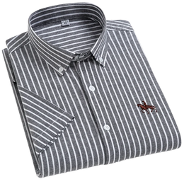100% Cotton Oxford Shirt Men's Summer short sleeved Sleeve Embroidered Horse Casual Without Pock et Solid Shirt Plus Size S-6XL