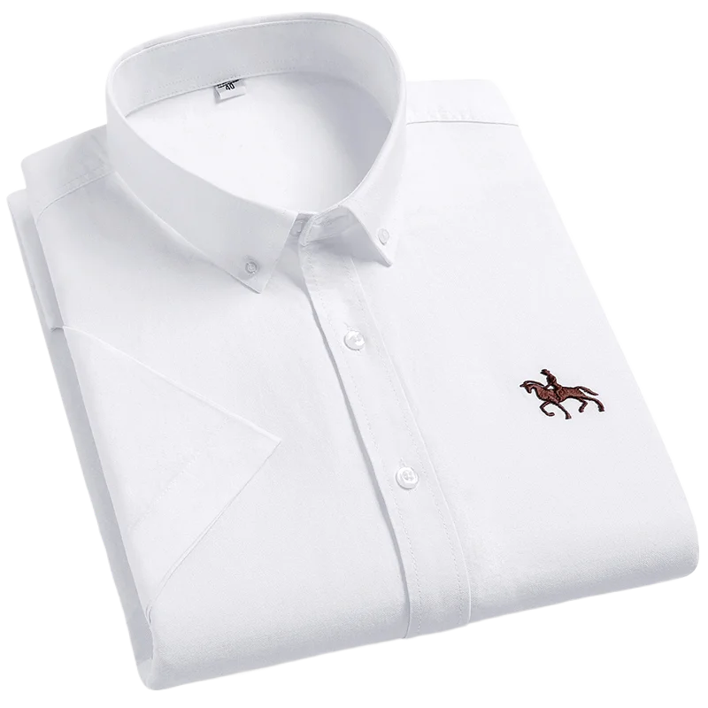 100% Cotton Oxford Shirt Men's Summer short sleeved Sleeve Embroidered Horse Casual Without Pock et Solid Shirt Plus Size S-6XL