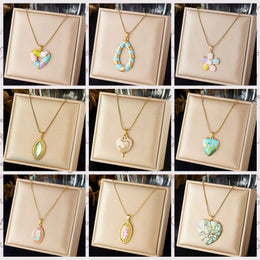 DIEYURO Multicolor Pastel Enamel Heart Cross Sun Floral Pendant Necklace Collection Lady Stainless Steel Waterproof Jewelry Gift
