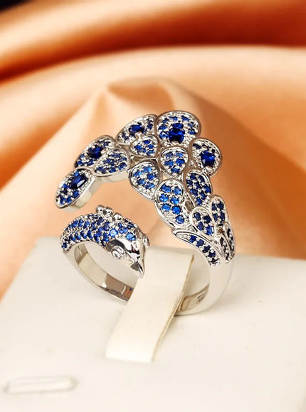 Creative Peacock 925 Silver Plated Ring for Women Bright Blue AAAA Zircon Open Adjustable Jewelry Silver Jewelry Wedding Ring