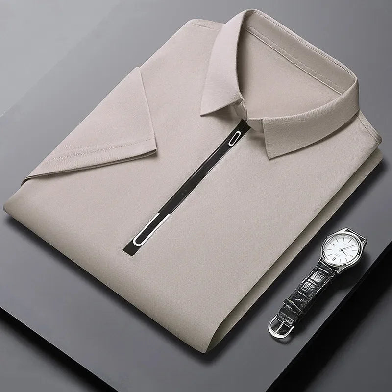 New Men's Business Casual Zipper Short Sleeve Solid Color Polo Shirt Fashionable Warm Comfortable Four Seasons Versatile Top