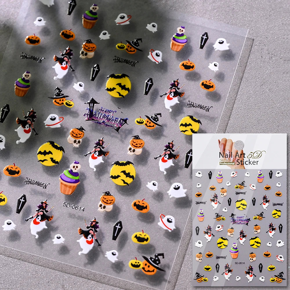 5D Skeleton Bat Halloween Nail Art Stickers y2k Black Bat White Skull Adhesive Emobossed Nail Decorative Decals Halloween Slider