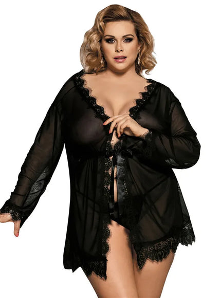 High Quality Women's Sheer Mesh Robe Set Transparent V Neck Sleepwear Nightgown Plus Size Sexy Babydoll Lingerie with Panties