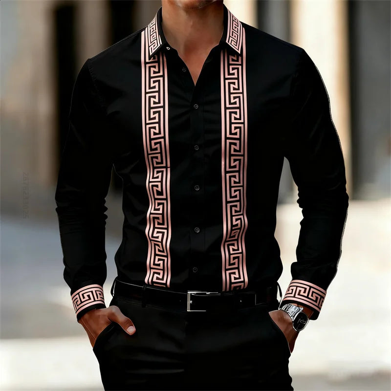 Men's Retro Geometric Print Shirt, Stylish Long-Sleeve Black Shirt, Business Casual Men's Top, Multiple Colors Available, XS-6XL
