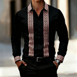 Men's Retro Geometric Print Shirt, Stylish Long-Sleeve Black Shirt, Business Casual Men's Top, Multiple Colors Available, XS-6XL