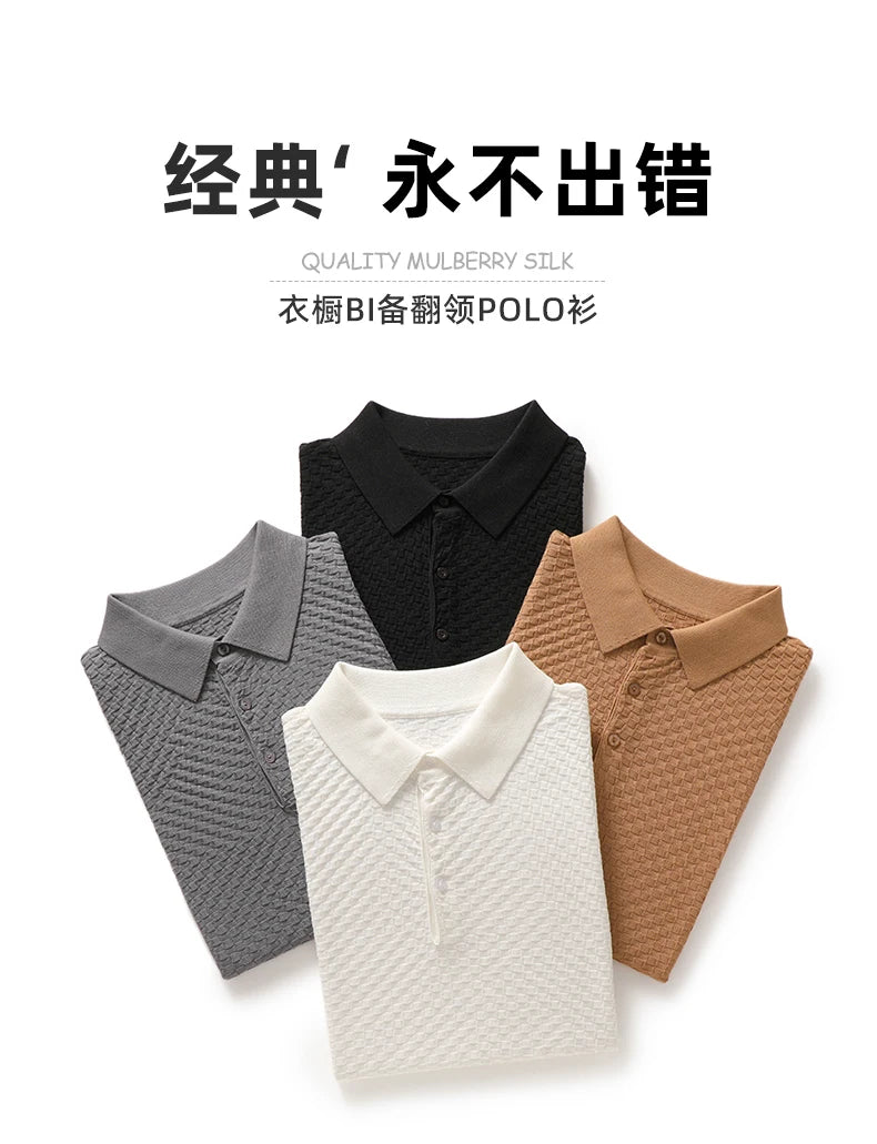 Business High-End Quality Men's Silk Pullover Short Sleeved POLO Neck Solid Color Breathable T-Shirt Knit Bottom Top 2023 Summer