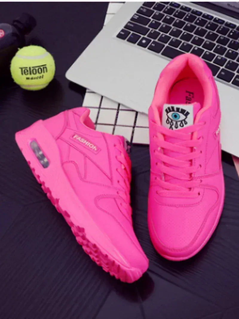 Dropshipman Rosy Red / 36 Women Fashion Sneakers Air Cushion Sports Shoes Pu Leather Blue Shoes White Pink Outdoor Walking Jogging Shoes Female Trainers