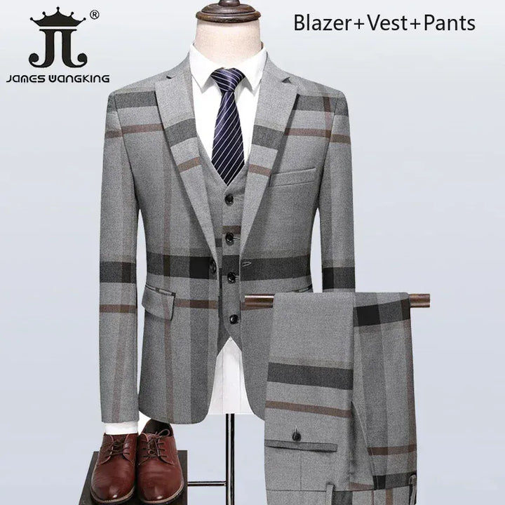British Plaid 3Pc Mens Suit Blazer Vest Pants S5XL
