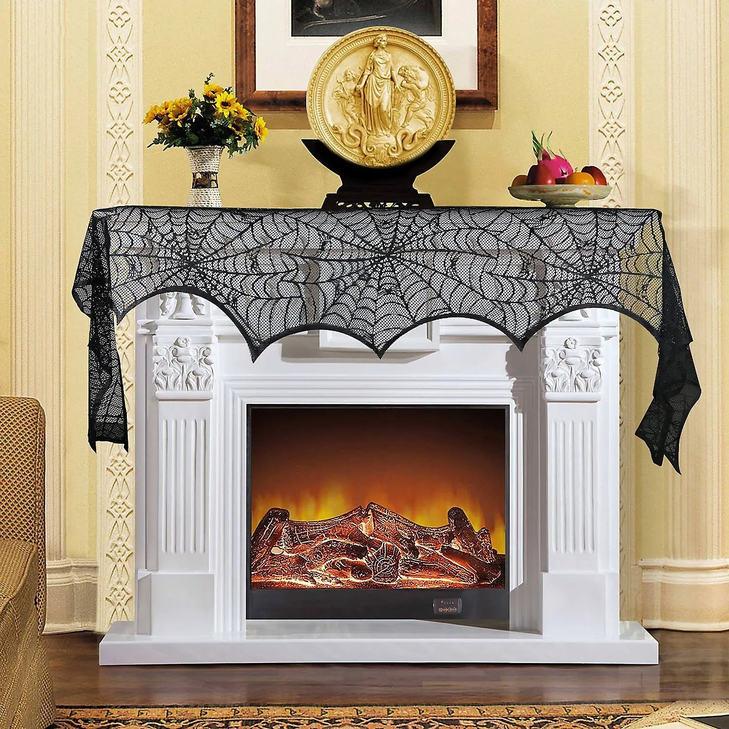 Halloween Table Runner Tablecloth Spider Web Halloween Black Fireplace Mantel Cover for Home Party Halloween Decoration