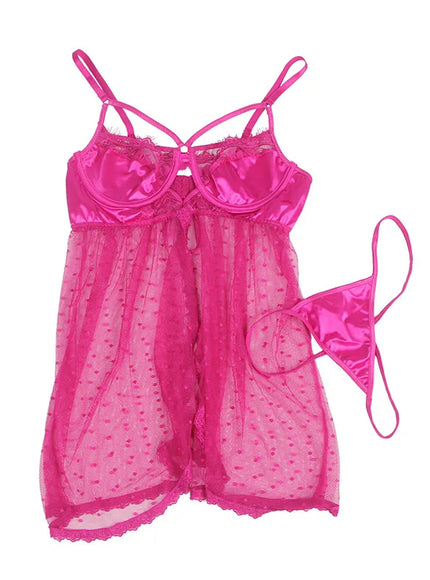 Lovely Transparent lace mesh with polka dots Hot Pink Woman babydoll chemise lingerie set pajama set with G-String from M-5XL