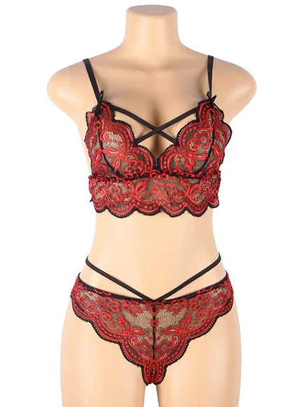 plus size sexy lingerie lace cross band embroidery decoration sexy bra panties lingerie set wholesale from M-5XL