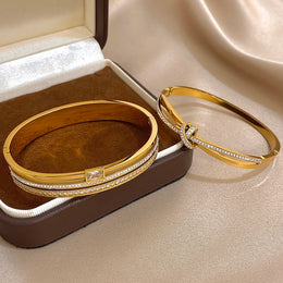 Luxury Stainless Steel Cuff Bracelet Bangle Set for Women Men Gold Plated Bracelets Inlaid White Rhinestone Wide Bangles Gift