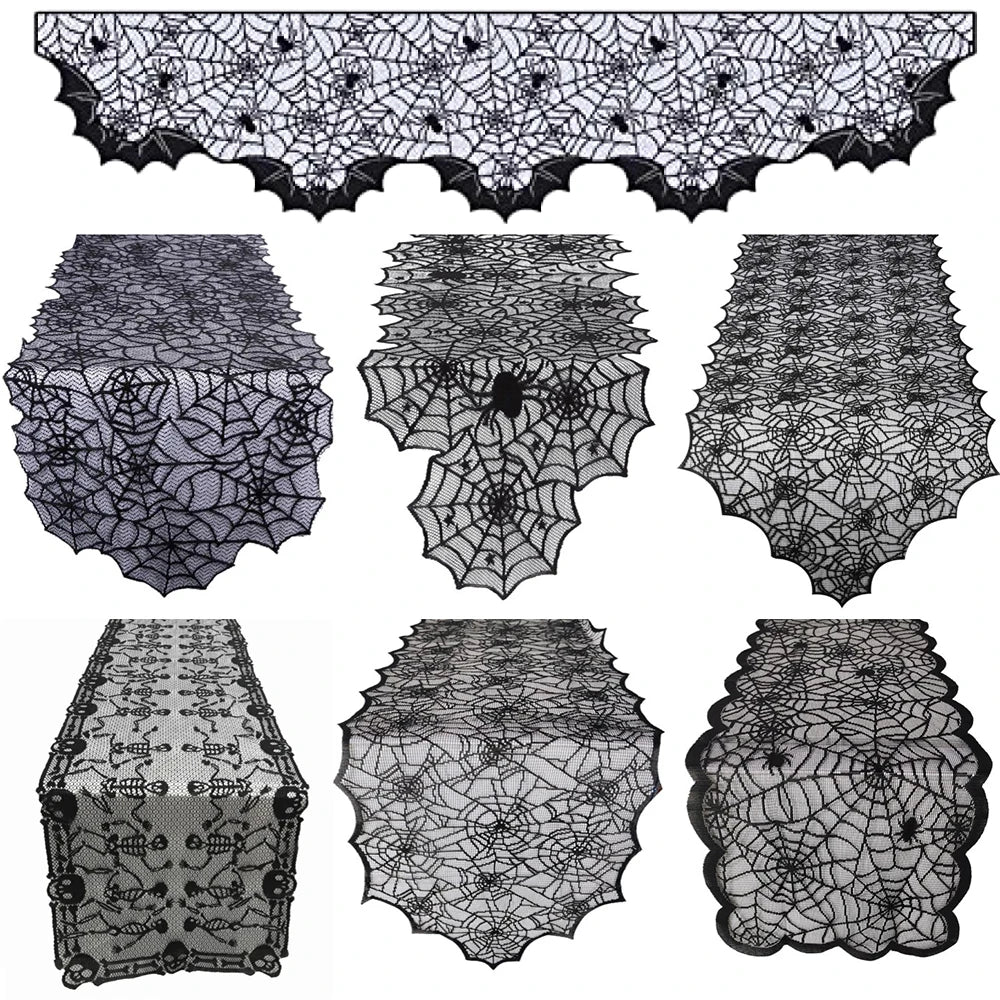 Halloween Table Runner Tablecloth Spider Web Halloween Black Fireplace Mantel Cover for Home Party Halloween Decoration