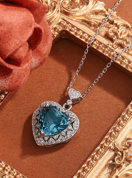 Blue Heart Zircon Pendant Necklace Sparkling 925 Silver Gift