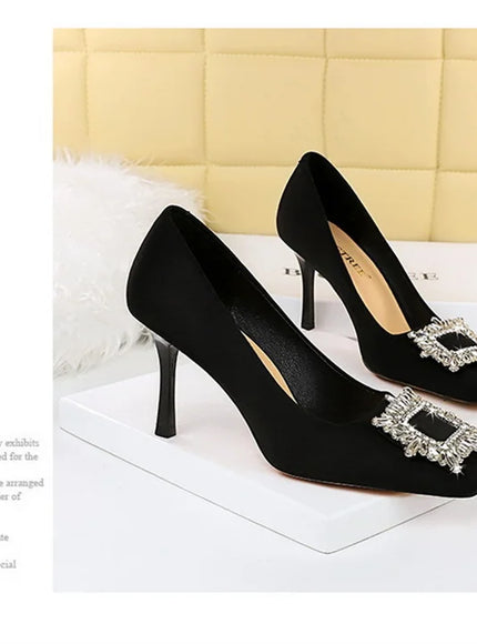 Fashion Women High Heels Metal Rhinestone Buckle Square