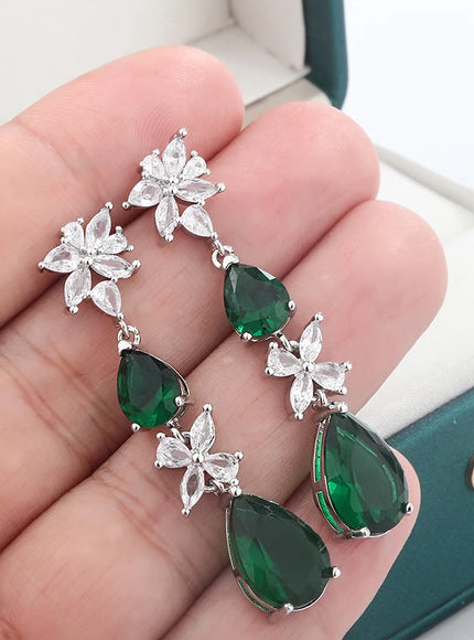 KissIcon Green White CZ Drop Earrings - Lightweight