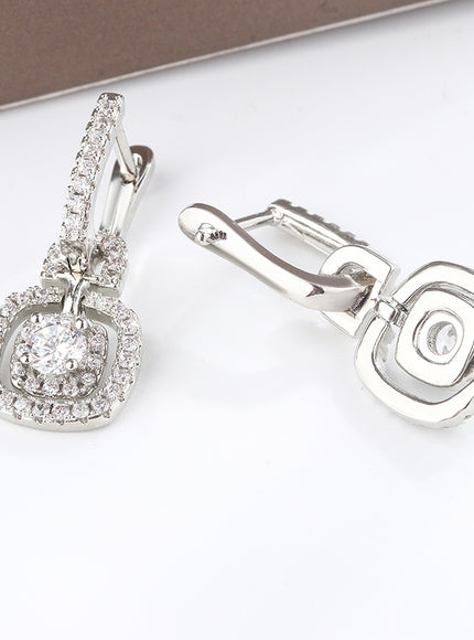Kiss Icon Silver Square Drop Earrings - Elegant Zircon Shine