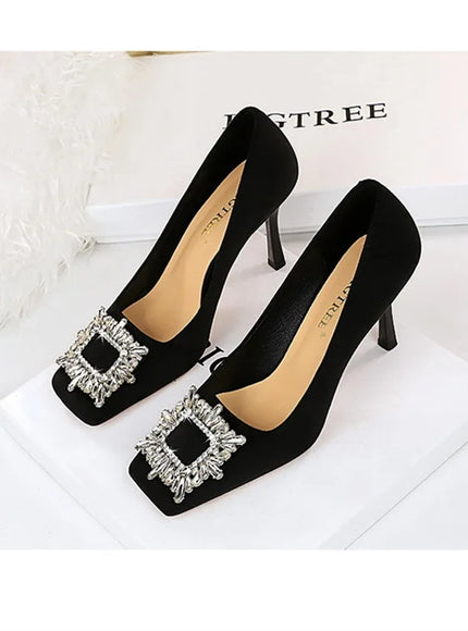 Fashion Women High Heels Metal Rhinestone Buckle Square