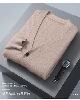 2025 Autumn Winter New Cardigan Men's V-Neck Top 100% Mink Cashmere Knitted Sweater Casual Loose Large Long Sleeved Shirt Jacket