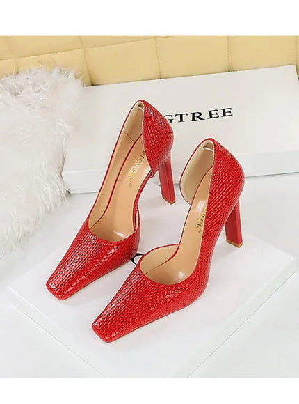 Woman Vintage Snake Print Pumps Square Toe Patent