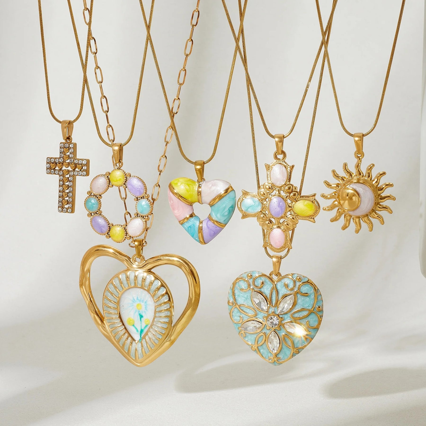DIEYURO Multicolor Pastel Enamel Heart Cross Sun Floral Pendant Necklace Collection Lady Stainless Steel Waterproof Jewelry Gift