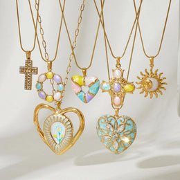 DIEYURO Multicolor Pastel Enamel Heart Cross Sun Floral Pendant Necklace Collection Lady Stainless Steel Waterproof Jewelry Gift