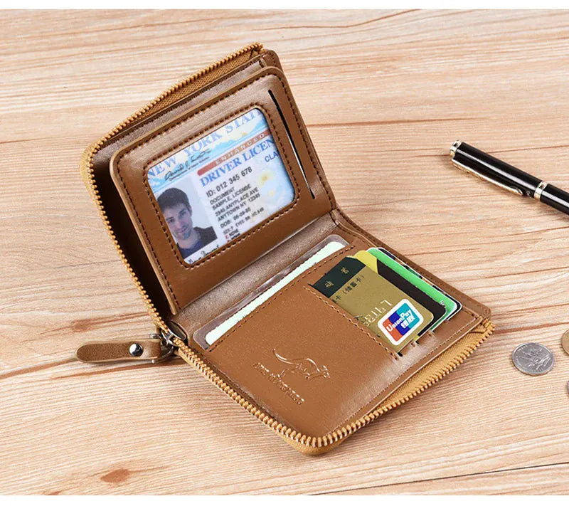 Mens RFID Protected Leather Wallet - Luxury Zippered Card Holder Purse for Business Cards with Elegant Carteira Masculina Style