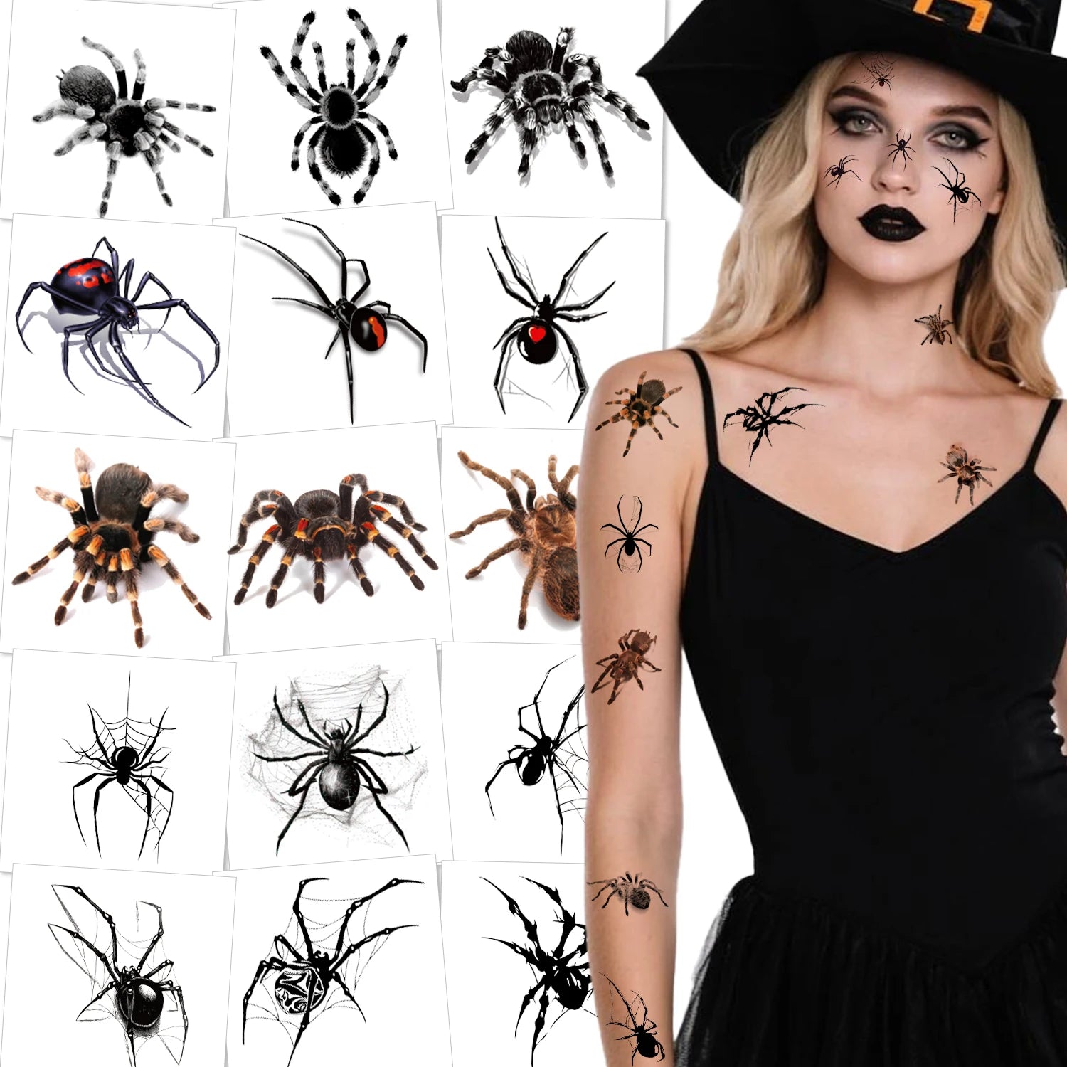 10pcs 3D Spider Temporary Tattoos - Realistic Waterproof & Easy- Stickers for Halloween Costumes, Makeup, and Party Supplies