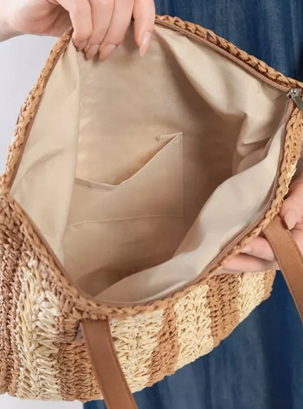Shoulder Woven Stripesd Straw Fashionable Handbag –