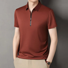 New Men's Business Casual Zipper Short Sleeve Solid Color Polo Shirt Fashionable Warm Comfortable Four Seasons Versatile Top