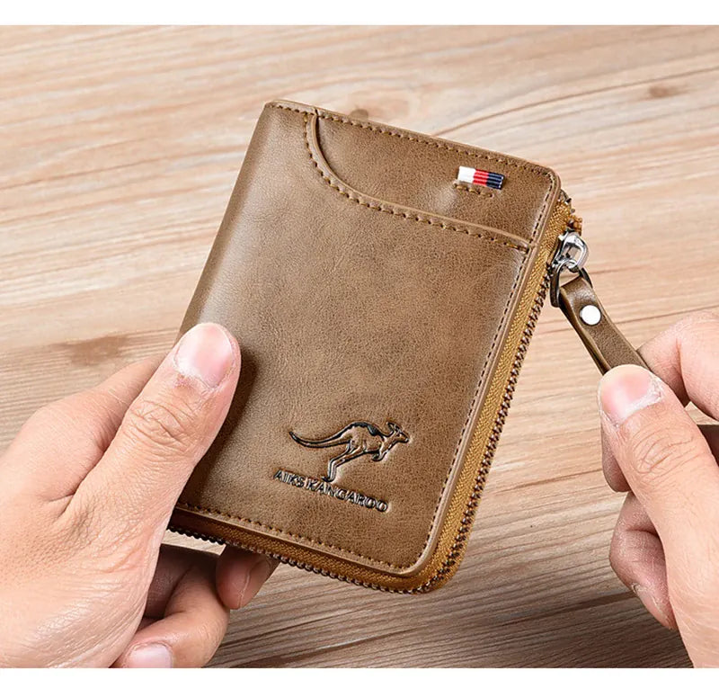Mens RFID Protected Leather Wallet - Luxury Zippered Card Holder Purse for Business Cards with Elegant Carteira Masculina Style