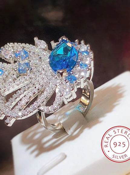 KissIcon Blue Zircon 925 Silver Plated Ring - Adjustable