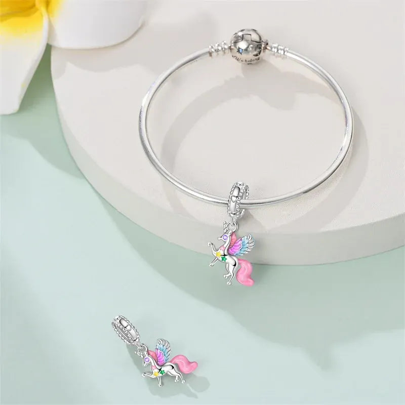 KissICON 925 Silver Plated Magic Mirror Princess Angel Pink Charm Beads Suitable Fit Pan 925 Original Bracelet Exquisite Diy Jewelry