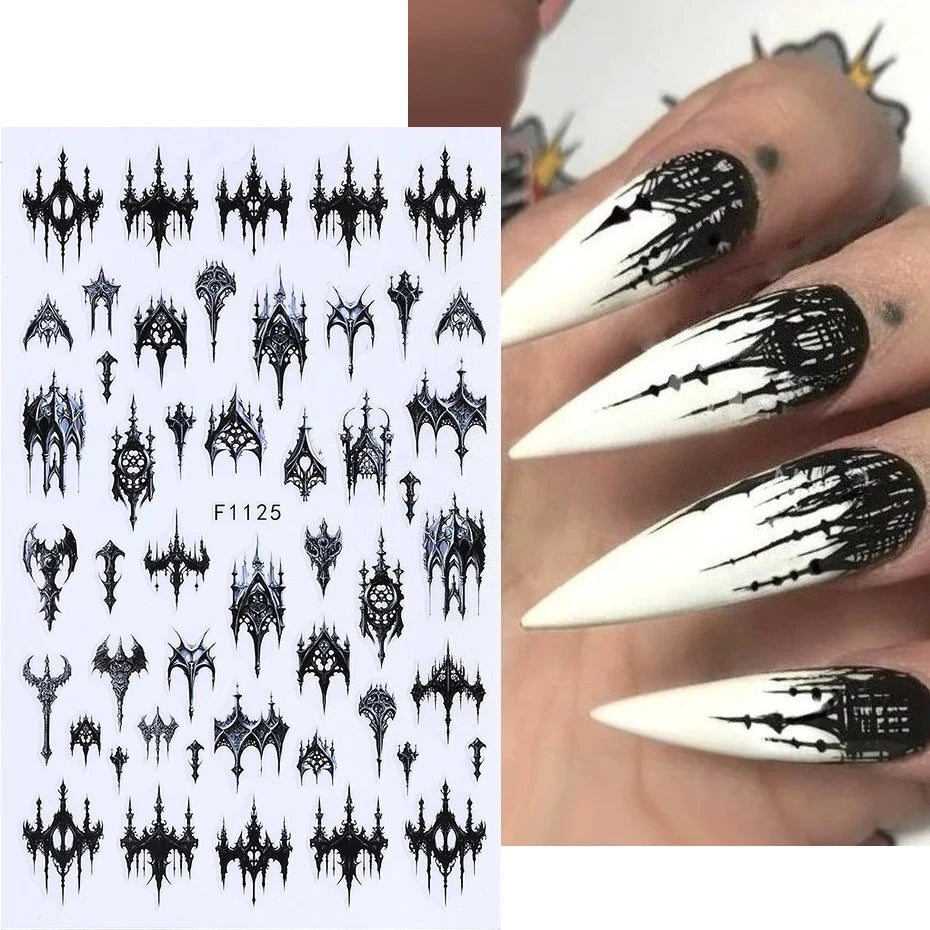 3D Gothic Black Halloween Nail Stickers Cool Design Alphabet Letter Lace Castle Skull Y2K Manicure Decoration Accessories