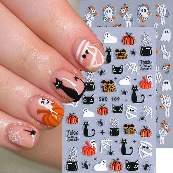1pcs Halloween Nail Stickers Pumpkin Ghost Spider Skull Design Cute Adhesive Slider Decals DIY Manicure Decor