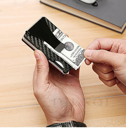 Minimalist  Wallet for Men, Money Clip Cash Strap Wallet, RFID Blocking Metal Wallet Aluminum Card Holder(Carbon Fiber)