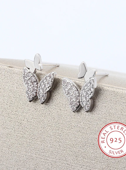 Butterfly Full Diamond Stud Ladies Simple Everything Temperament S925 Silver Plated Earrings Small Exquisite Send Girlfriend