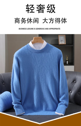 Autumn Winter New Men's Sweater Round Neck Loose Pullover Knitted Sweater Casual Solid Color Thickened 100% Mink Cashmeresweater