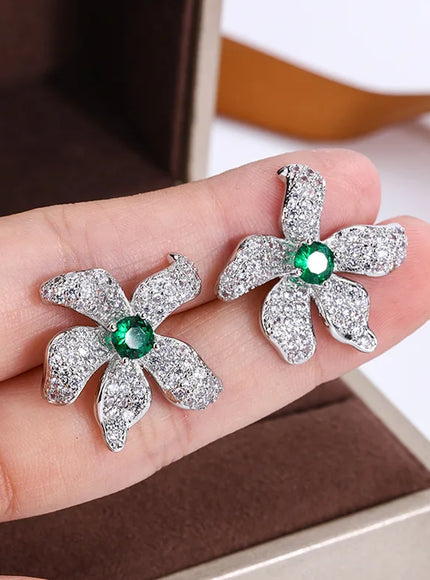 KissIcon Beautiful 925 Silver Earrings - Green Zircon Flower