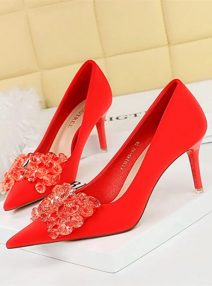 Rhinestones Women Pointed Toe Shallow Mouth Pumps Crystal