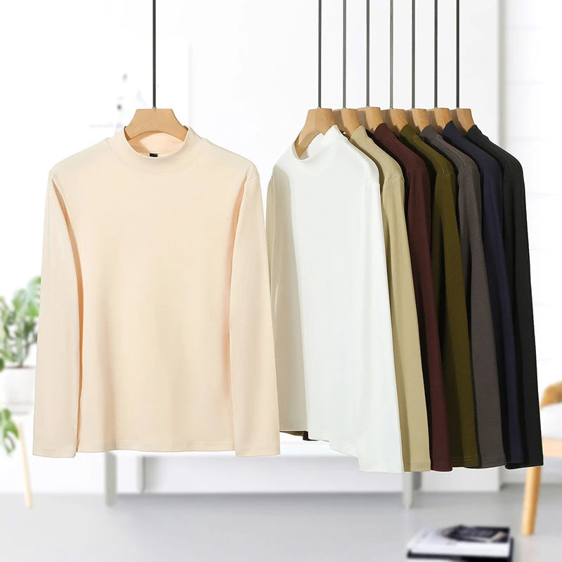 2026 New Men's Casual Solid Color High Collar Velvet Long Sleeve T-shirt Spring and Autumn Versatile Comfortable Top