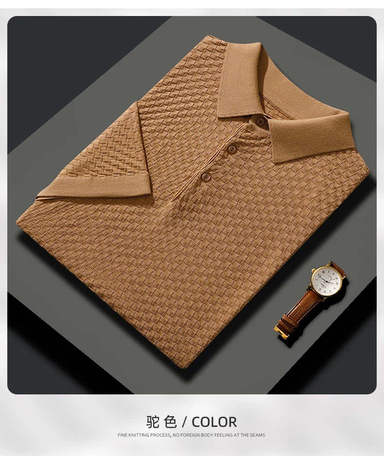 Business High-End Quality Men's Silk Pullover Short Sleeved POLO Neck Solid Color Breathable T-Shirt Knit Bottom Top 2023 Summer