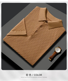 Business High-End Quality Men's Silk Pullover Short Sleeved POLO Neck Solid Color Breathable T-Shirt Knit Bottom Top 2023 Summer