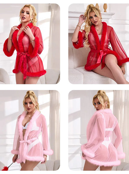 Plus Size  Sheer Mesh Women's Robe Sets See Through Nightgowns Elegant Sleepwear Sexy Lingerie Sets with Soft Fur Edge Rolling