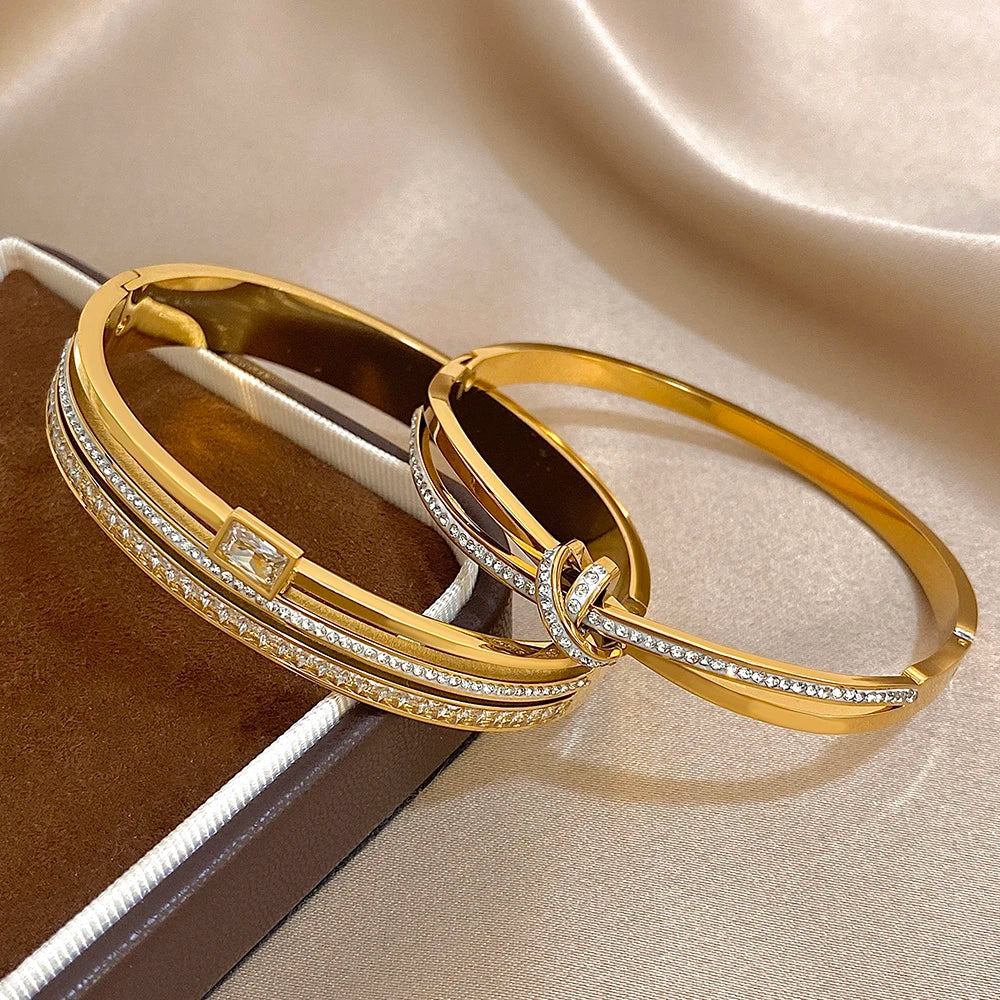 Luxury Stainless Steel Cuff Bracelet Bangle Set for Women Men Gold Plated Bracelets Inlaid White Rhinestone Wide Bangles Gift